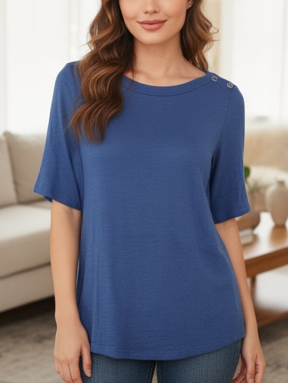 TALBOTS Womens Petite Large PL LP Navy Blue Short Sleeve T SHIRT top